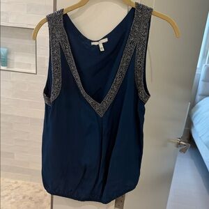 Joie Navy Blue Sleeveless Blouse with Silver Beaded Trim